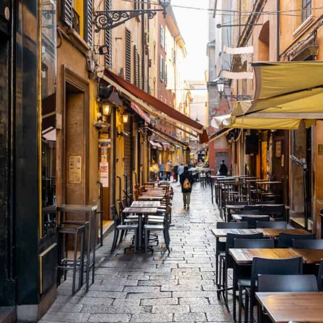 Famous gastronomical street in Bologna, Italy