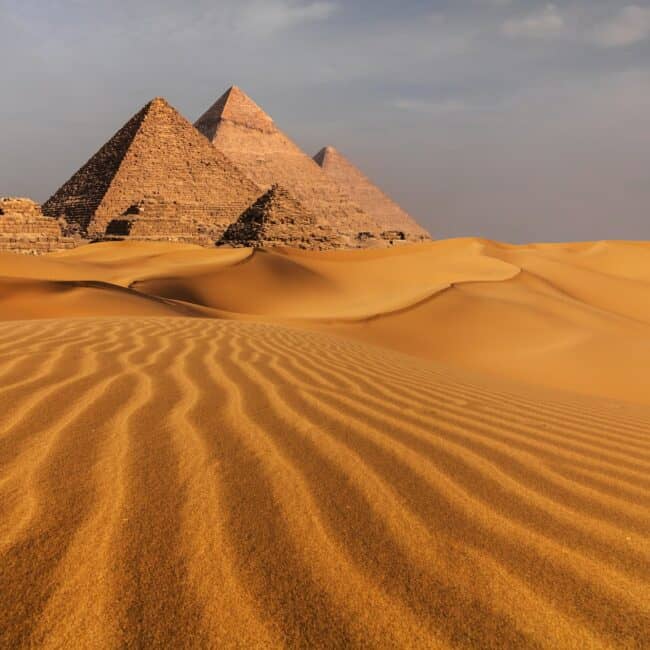 Sunset view of Pyramid complex of Giza, in Cairo, Egypt