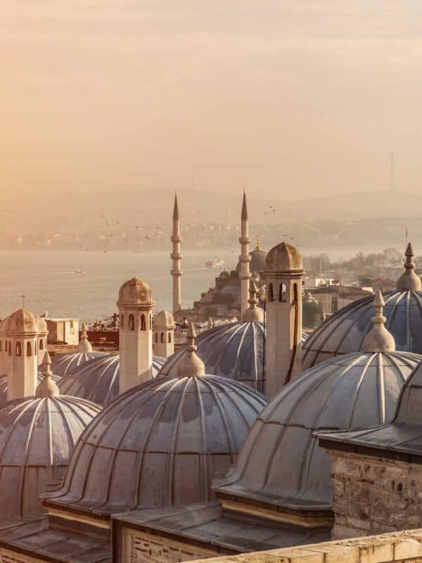 The domes of Suleymaniye Mosque, with the Bosphorus Strait and Galata Bridge in the distance.