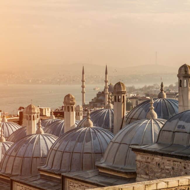 The domes of Suleymaniye Mosque, with the Bosphorus Strait and Galata Bridge in the distance.