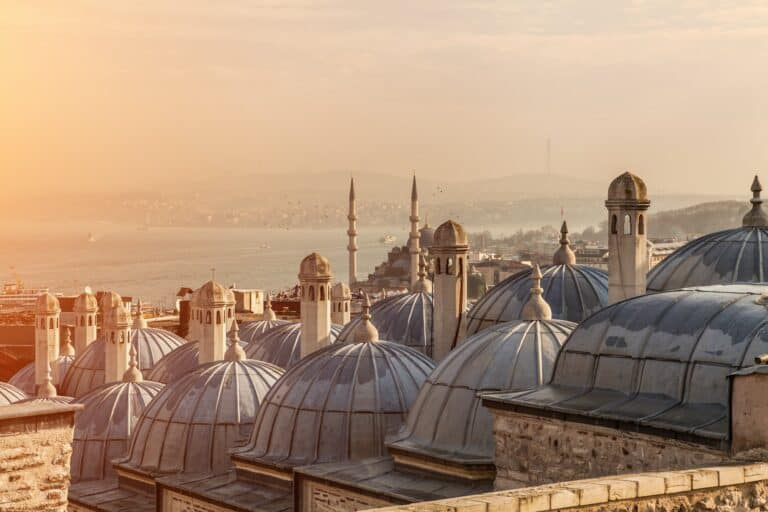 The domes of Suleymaniye Mosque, with the Bosphorus Strait and Galata Bridge in the distance.