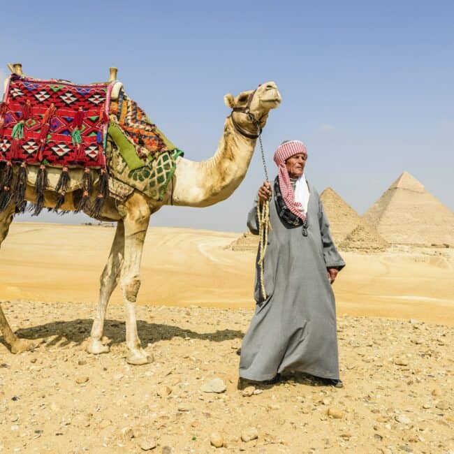 Three pyramids, and tourist guide with camel